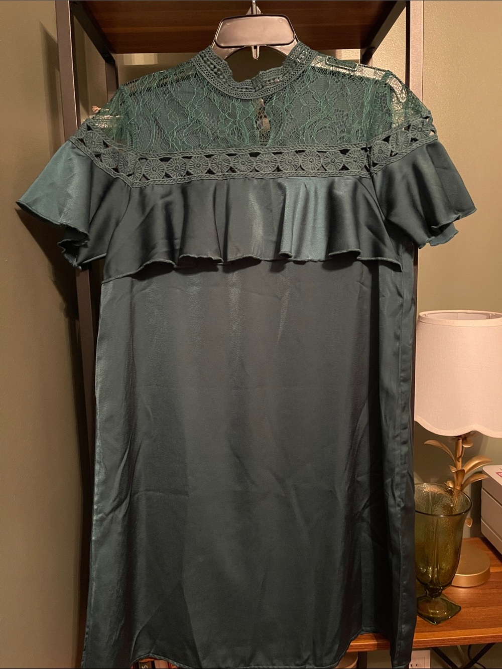 Lace Yoke Ruffle Mini Dress in Emerald Green